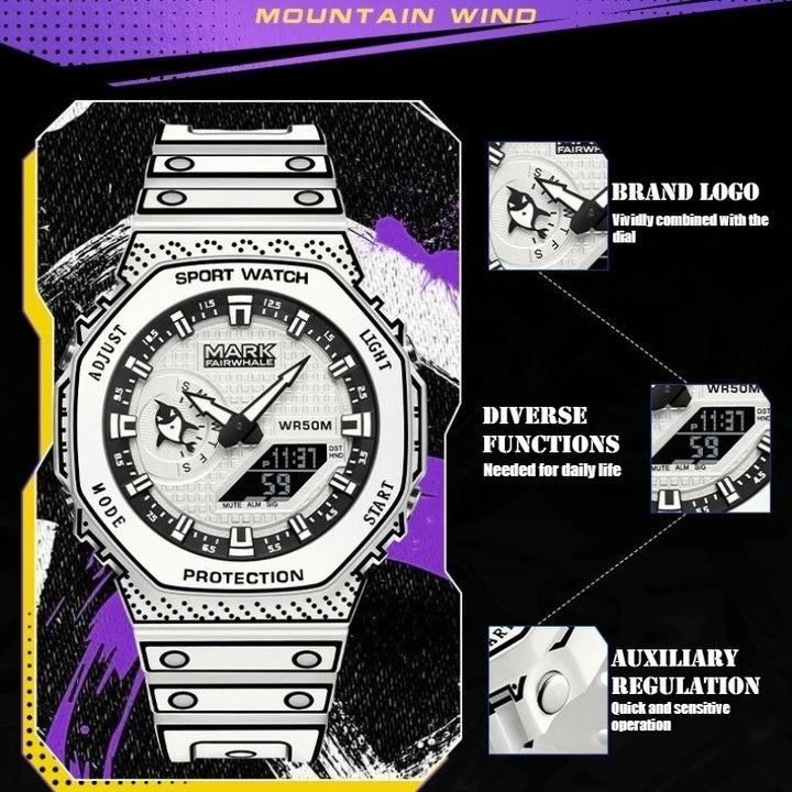 Mark Fairwhale 7210 NEXXO men’s square chronograph watch in white with analog-digital display and silicone strap, luxury sport design.
