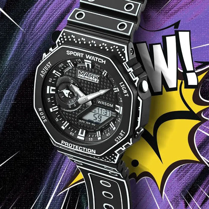 Mark Fairwhale 7210 NEXXO men’s square chronograph watch in black with analog-digital display and silicone strap, luxury sport design.