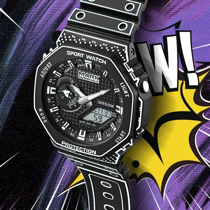 Mark Fairwhale 7210 NEXXO men’s square chronograph watch in black with analog-digital display and silicone strap, luxury sport design.