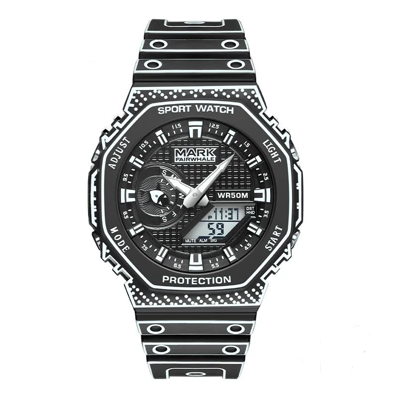 Mark Fairwhale 7210 NEXXO men’s square chronograph watch in black with analog-digital display and silicone strap, luxury sport design.
