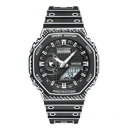 Mark Fairwhale 7210 NEXXO men’s square chronograph watch in black with analog-digital display and silicone strap, luxury sport design.
