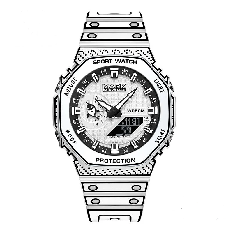 Mark Fairwhale 7210 NEXXO men’s square chronograph watch in white with analog-digital display and silicone strap, luxury sport design.
