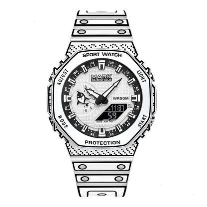 Mark Fairwhale 7210 NEXXO men’s square chronograph watch in white with analog-digital display and silicone strap, luxury sport design.
