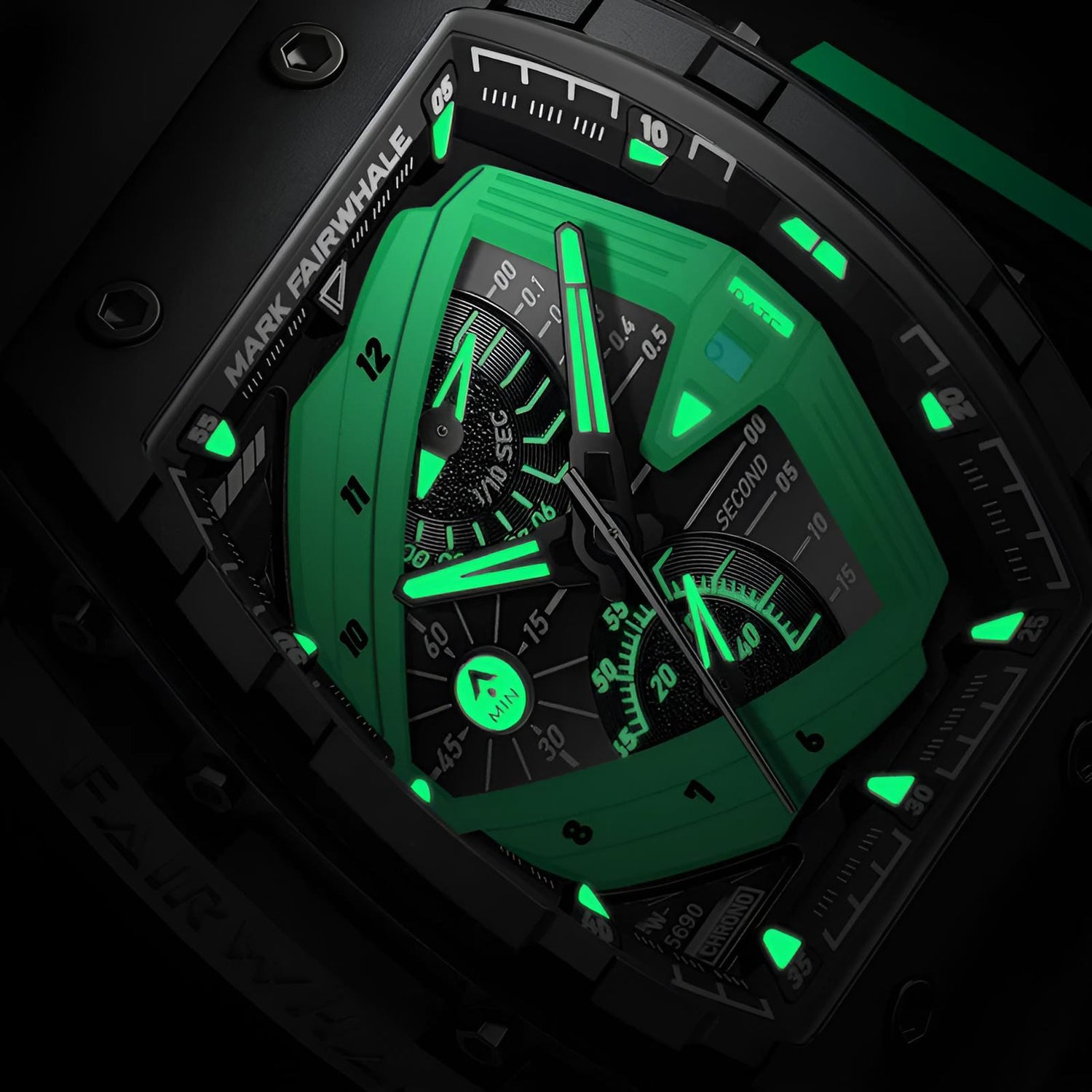 Mark Fairwhale ADRIAN Emerald Horizon – Green dial tonneau chronograph watch for men with rubber strap and auto date
