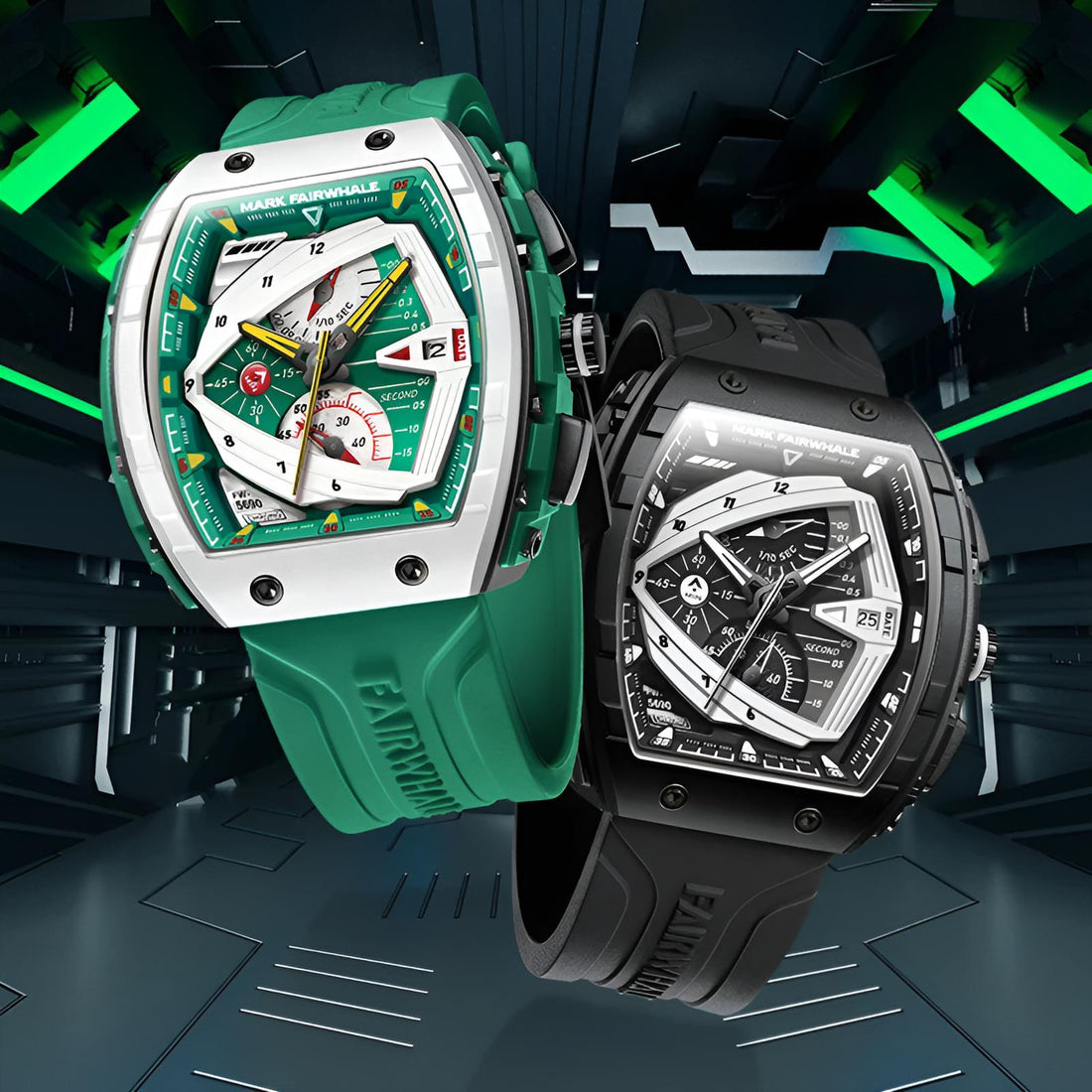 Mark Fairwhale ADRIAN Emerald Obisidian Horizon – Green black dial tonneau chronograph watch for men with rubber strap and auto date