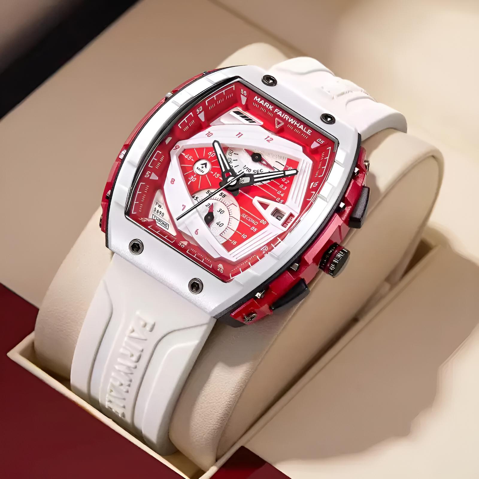 Mark Fairwhale ADRIAN Imperial Scarlet – Red accent chronograph watch for men, rugged design with auto date function