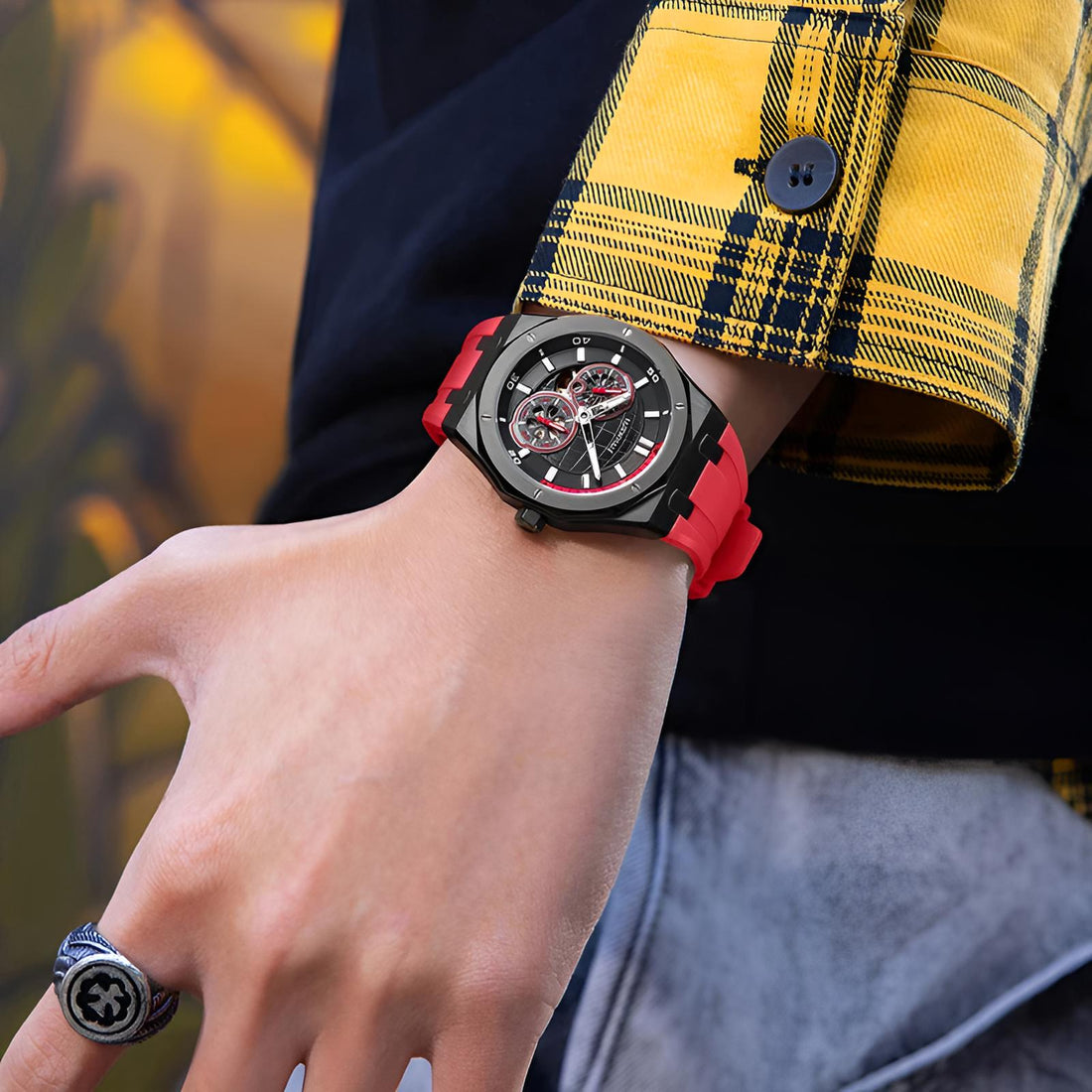 Mark Fairwhale AERIXON Inferno Pulse – Red-accent skeleton automatic watch for men with 50M water resistance and 316L stainless steel case