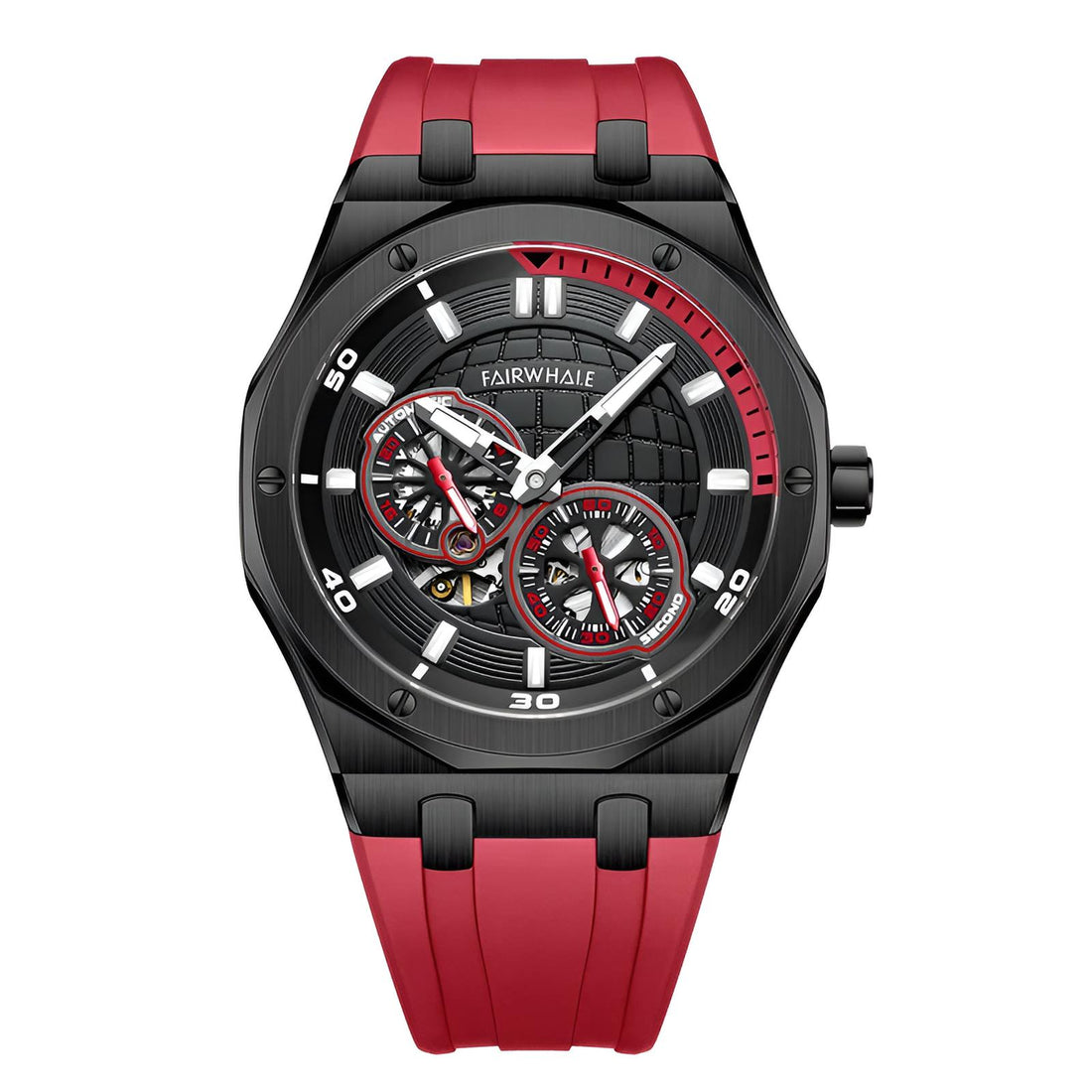 Mark Fairwhale AERIXON Inferno Pulse – Red-accent skeleton automatic watch for men with 50M water resistance and 316L stainless steel case