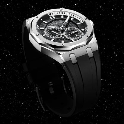 Mark Fairwhale AERIXON Titanium Shadow – Gunmetal gray skeleton watch for men, slim 12mm design with 316L stainless steel &amp; Hardlex crystal