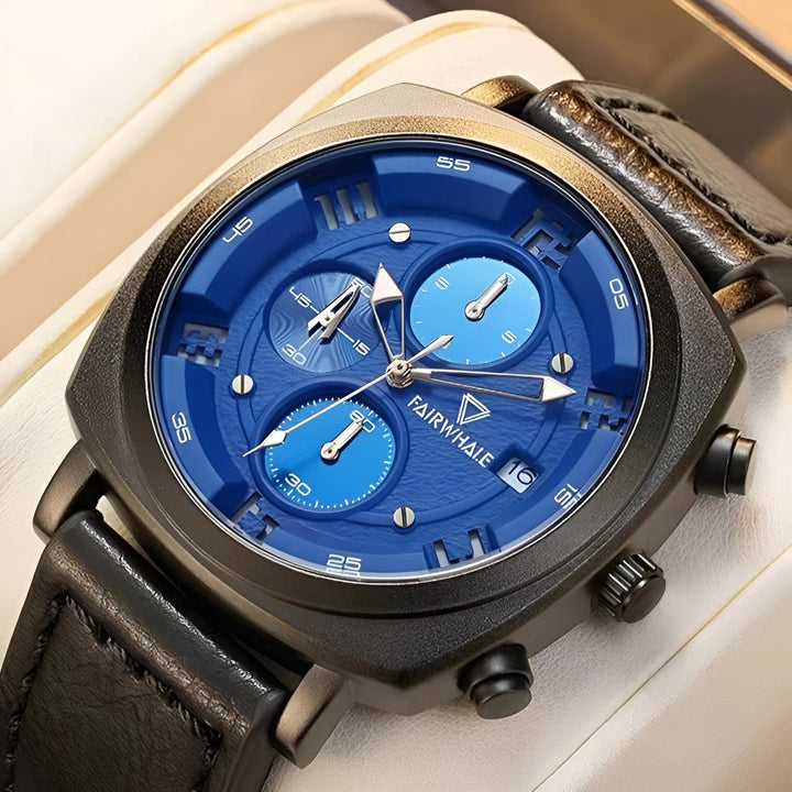 Mark Fairwhale AEROCOMMANDER FW-5510 Military Watch with blue dial and black leather strap