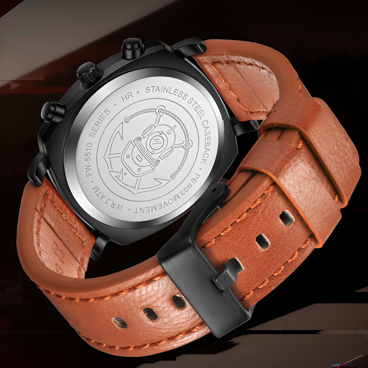 Mark Fairwhale AEROCOMMANDER FW-5510 Military Watch with blue dial and black leather strap