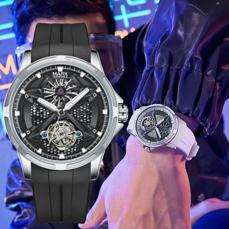 Lifestyle view of the Mark Fairwhale  FW-6008 AEROTOR FW-6008 luxury skeleton automatic watch with black and white silicone straps.