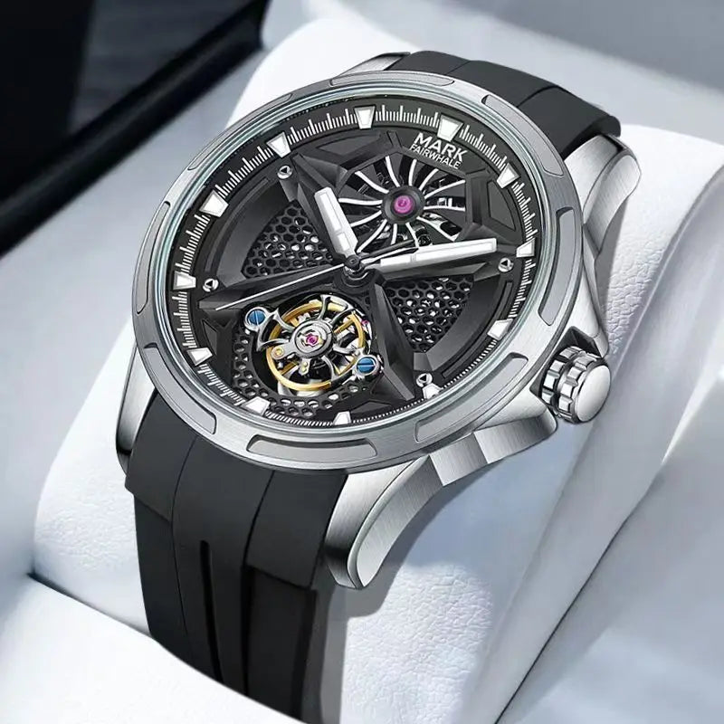 Close-up of Mark Fairwhale  FW-6008 AEROTOR skeleton automatic watch with black silicone strap and tourbillon-style rotating movement.