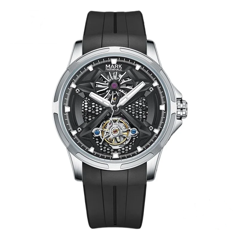 Mark Fairwhale AEROTOR FW-6008 skeleton automatic watch with black silicone strap and stainless steel case, bold modern design.