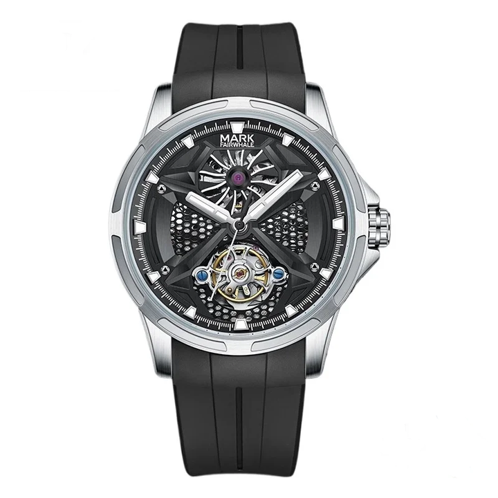 Mark Fairwhale AEROTOR FW-6008 skeleton automatic watch with black silicone strap and stainless steel case, bold modern design.