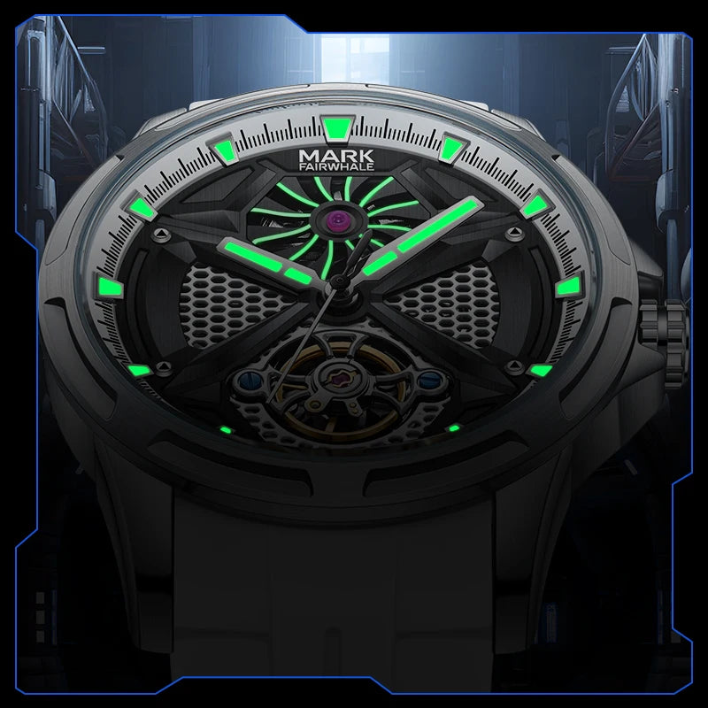 Mark Fairwhale  FW-6008 AEROTOR skeleton automatic watch with luminous green hands and glowing markers for low-light readability.