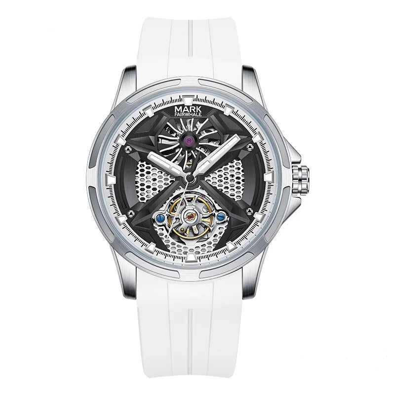 Mark Fairwhale FW-6008 AEROTOR skeleton automatic watch with white silicone strap, stainless steel case, and tourbillon-style dial.