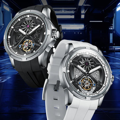 Mark Fairwhale  FW-6008 AEROTOR skeleton automatic watches shown in black and white silicone strap editions.