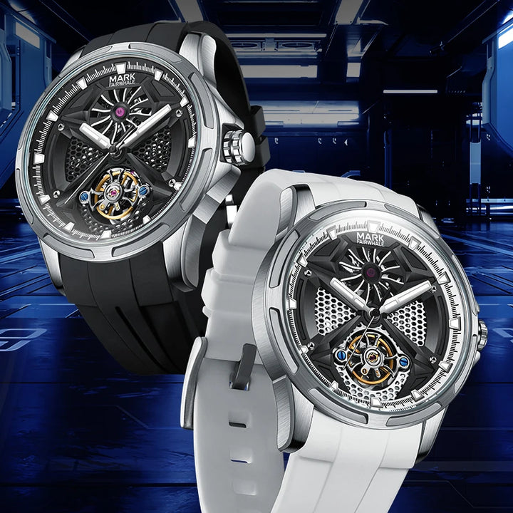 Mark Fairwhale  FW-6008 AEROTOR skeleton automatic watches shown in black and white silicone strap editions.