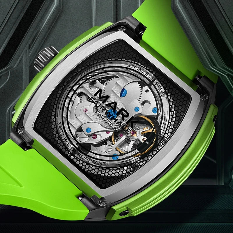Transparent caseback of the Mark Fairwhale AETERNUS green edition, revealing automatic self-winding movement.