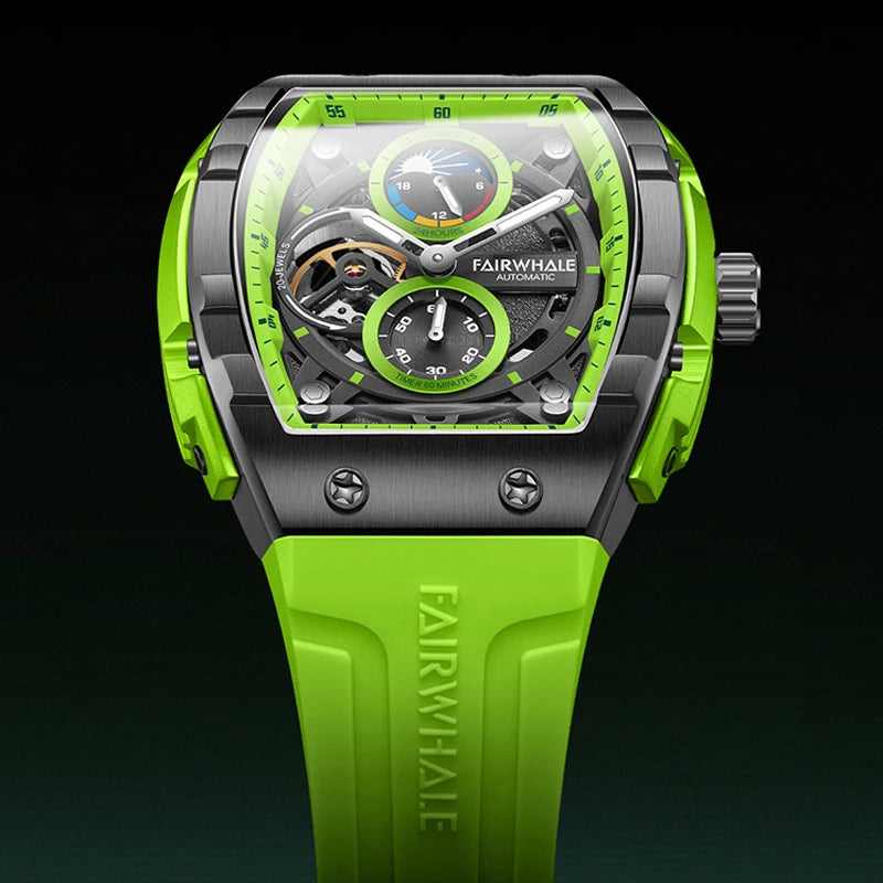 Front view of the Mark Fairwhale AETERNUS green edition with luminous moon phase dial and dual subdials.