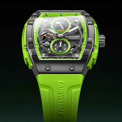 Front view of the Mark Fairwhale AETERNUS green edition with luminous moon phase dial and dual subdials.