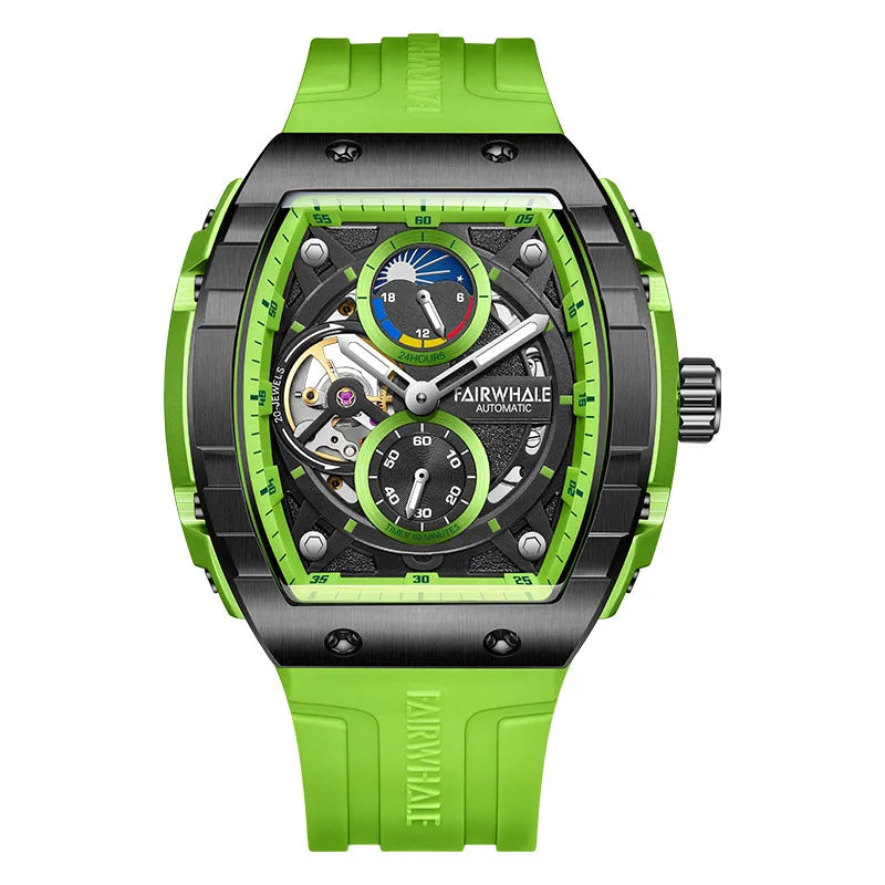 Mark Fairwhale AETERNUS green watch with skeleton moon phase dial and luminous details on silicone strap.