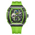 Mark Fairwhale AETERNUS green watch with skeleton moon phase dial and luminous details on silicone strap.