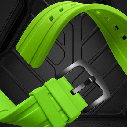Green silicone strap of the Mark Fairwhale AETERNUS watch with black steel buckle, sporty and durable design.