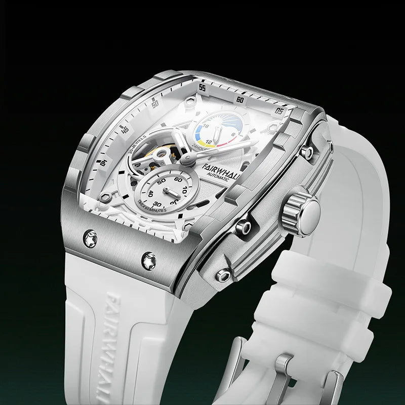 Close-up of the Mark Fairwhale AETERNUS white edition showcasing skeleton dial, moon phase, and luminous hands.