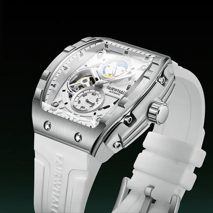 Close-up of the Mark Fairwhale AETERNUS white edition showcasing skeleton dial, moon phase, and luminous hands.