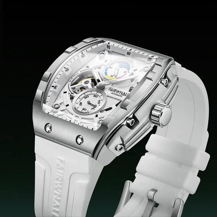 Close-up of the Mark Fairwhale FW6670 AETERNUS white edition showcasing skeleton dial, moon phase, and luminous hands.