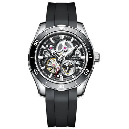 Mark Fairwhale AETREON Onyx Shadow – Dark stainless steel automatic tourbillon watch with glowing green accents and sport-luxury design