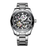 Mark Fairwhale AETREON Steel Eclipse – Sleek silver-tone tourbillon watch with luminous green dial and 316L stainless steel construction