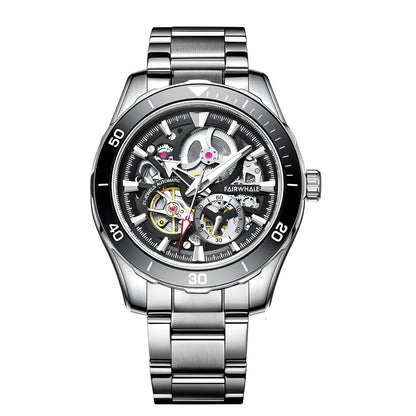 Mark Fairwhale AETREON Steel Eclipse – Sleek silver-tone tourbillon watch with luminous green dial and 316L stainless steel construction