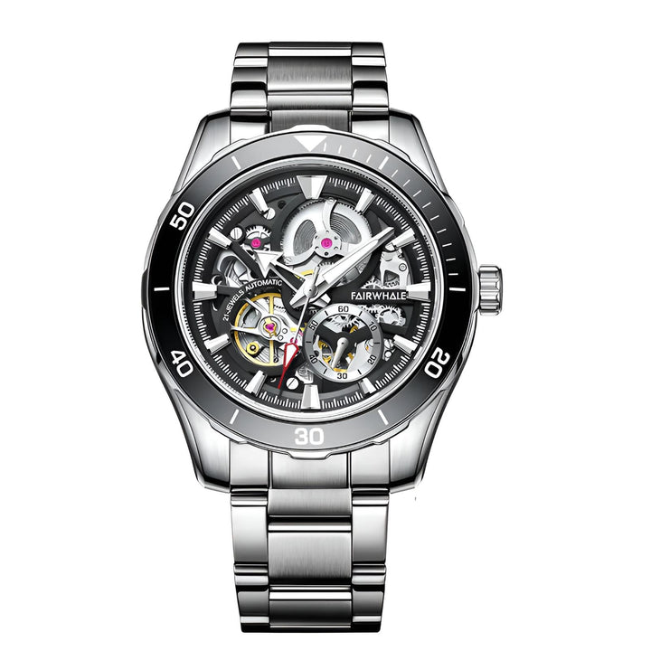 Mark Fairwhale AETREON Steel Eclipse – Sleek silver-tone tourbillon watch with luminous green dial and 316L stainless steel construction