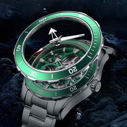 Mark Fairwhale AETREON Viridium Core – Luminous green skeleton tourbillon watch for men with stainless steel strap and automatic movement