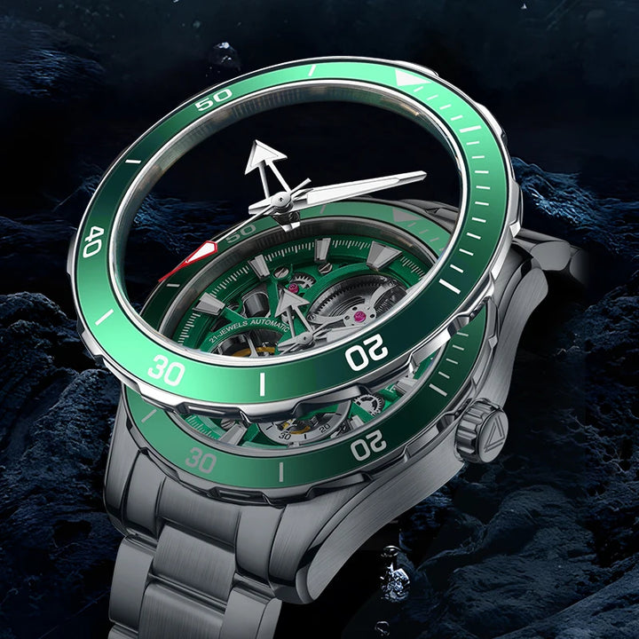 Mark Fairwhale AETREON Viridium Core – Luminous green skeleton tourbillon watch for men with stainless steel strap and automatic movement