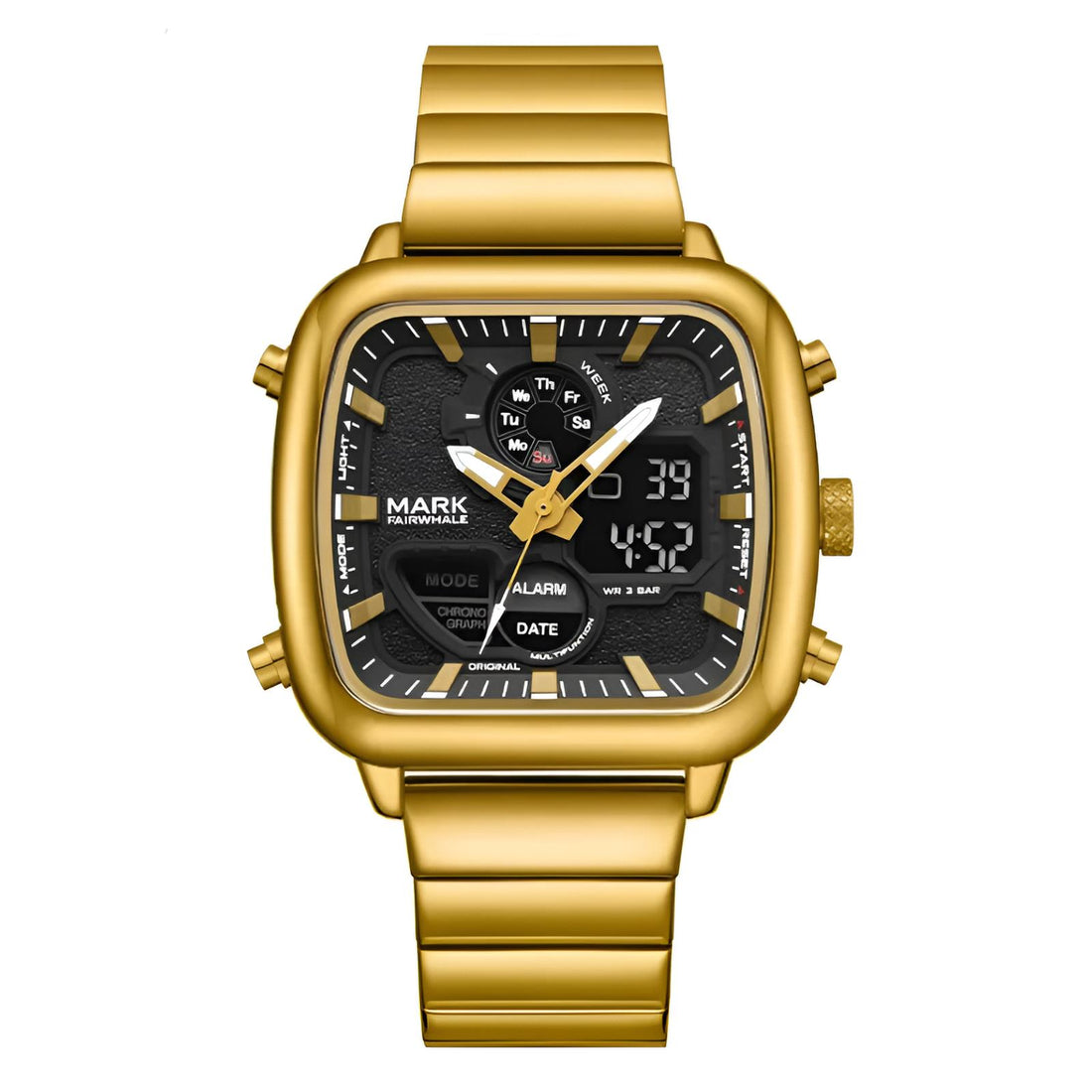 Mark Fairwhale ALTRIX Imperial Gold – Gold-tone square analog-digital quartz watch for men with luminous display and stainless steel strap