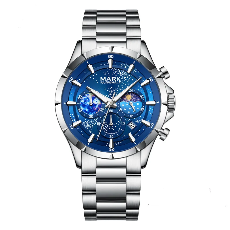 Mark Fairwhale ASTRIX 5870 men’s starry sky chronograph watch with blue dial and stainless steel strap – waterproof quartz wristwatch.