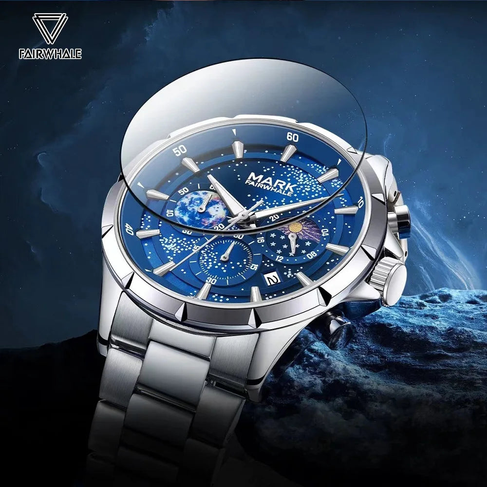 Mark Fairwhale ASTRIX 5870 starry sky chronograph watch with scratch-resistant Hardlex crystal and stainless steel case.
