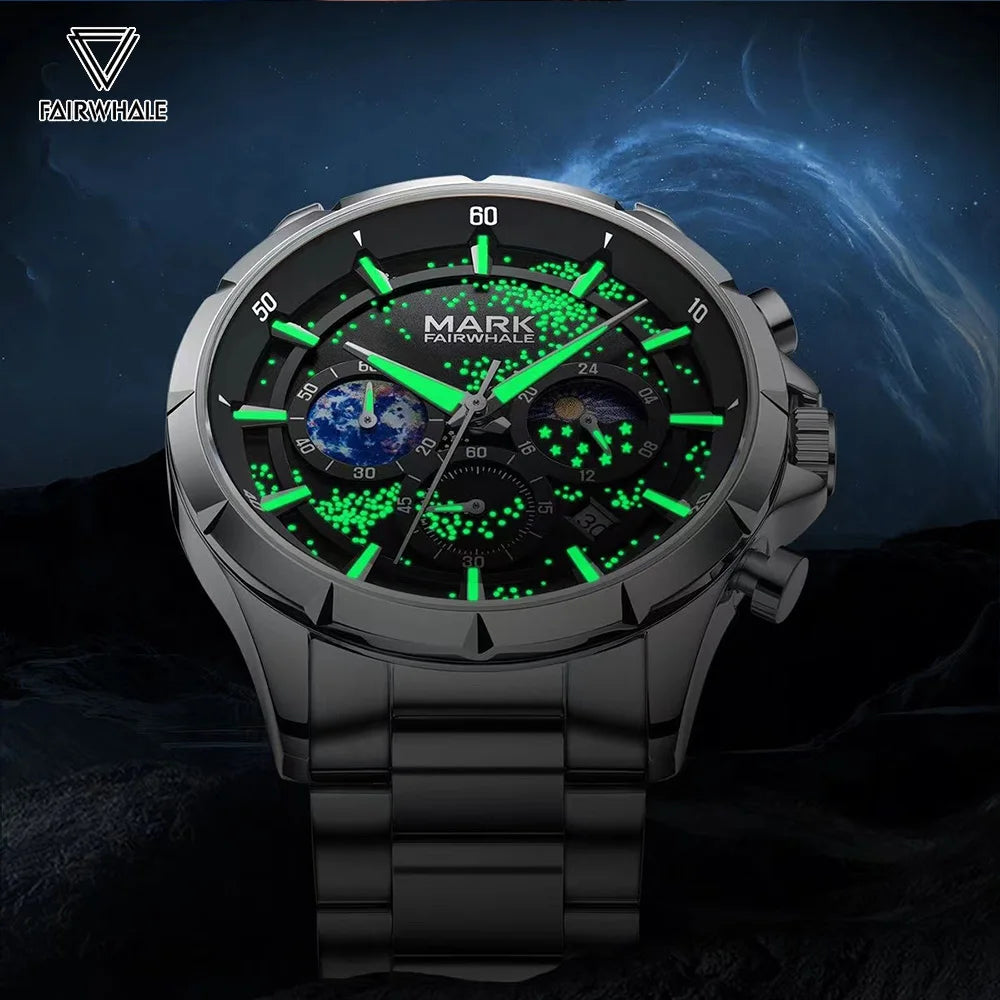 Mark Fairwhale ASTRIX luminous starry sky men’s chronograph watch glowing in the dark – waterproof wristwatch design.