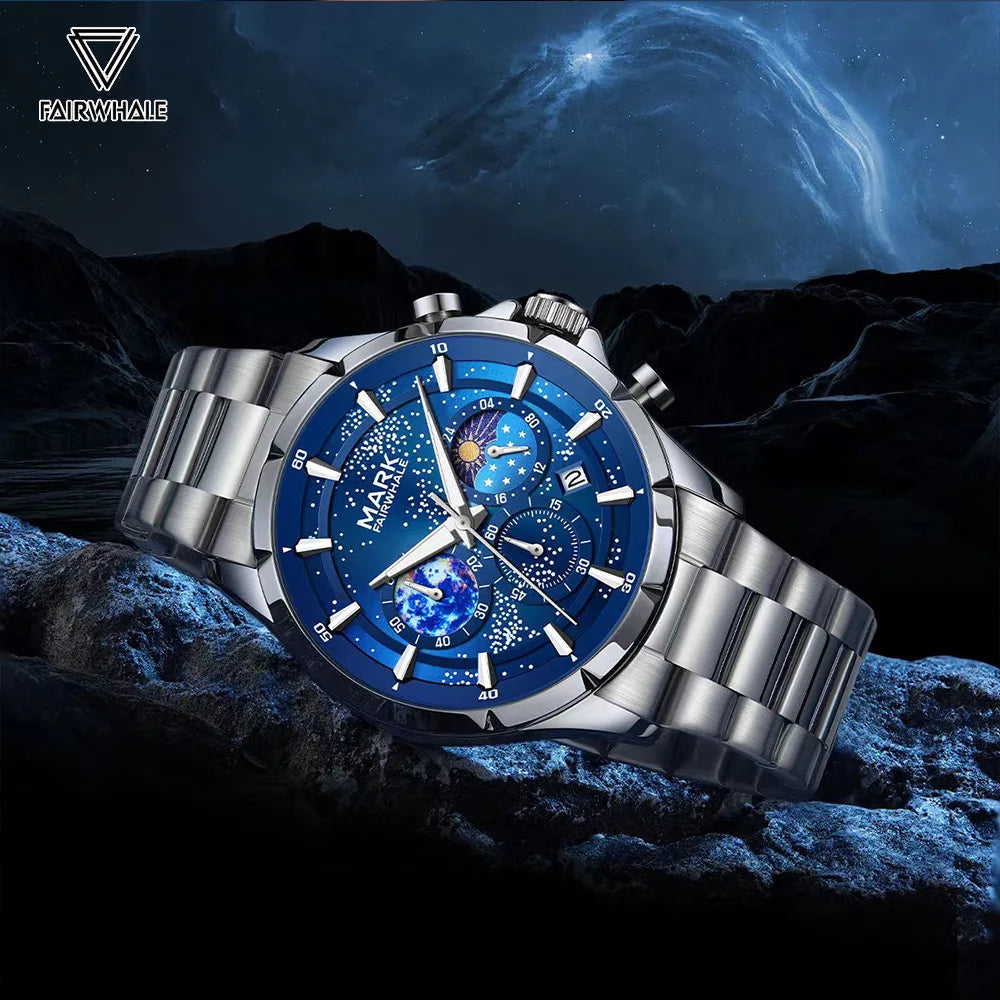 Mark Fairwhale ASTRIX men’s waterproof chronograph watch with cosmic starry sky dial – premium stainless steel wristwatch.