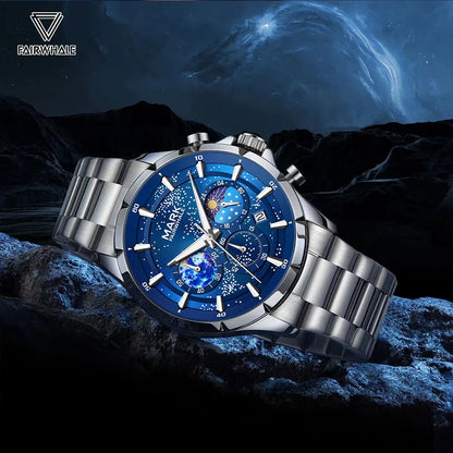 Mark Fairwhale ASTRIX men’s waterproof chronograph watch with cosmic starry sky dial – premium stainless steel wristwatch.