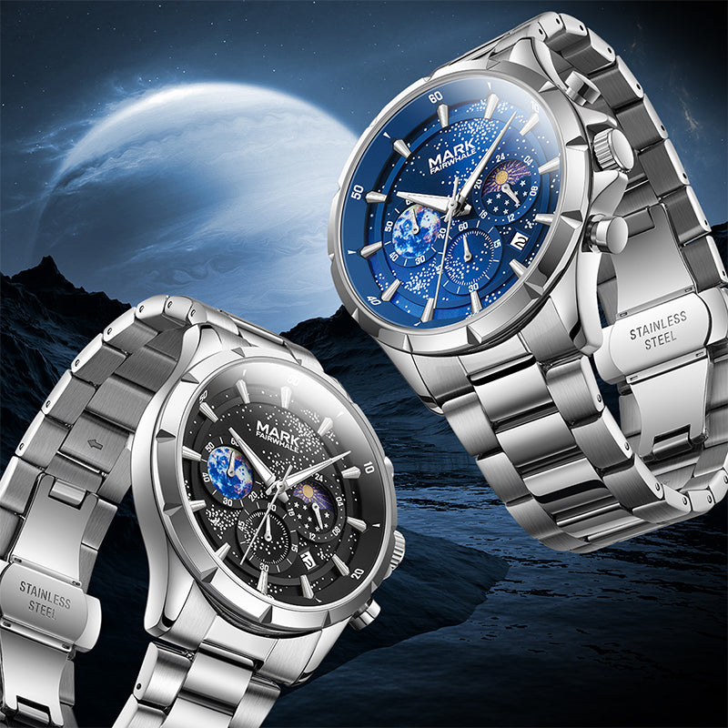 Mark Fairwhale ASTRIX stainless steel starry sky chronograph watch for men, waterproof luxury wristwatch