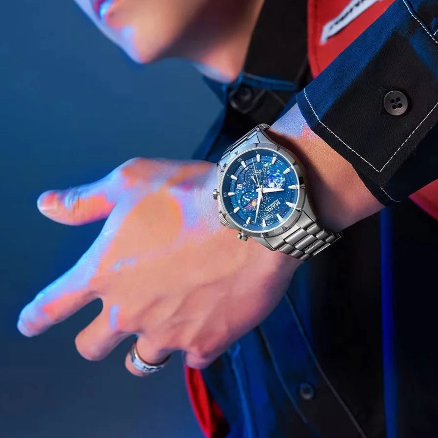 Luxury men’s chronograph wristwatch – Mark Fairwhale ASTRIX with starry sky dial, stainless steel bracelet, modern fashion look.