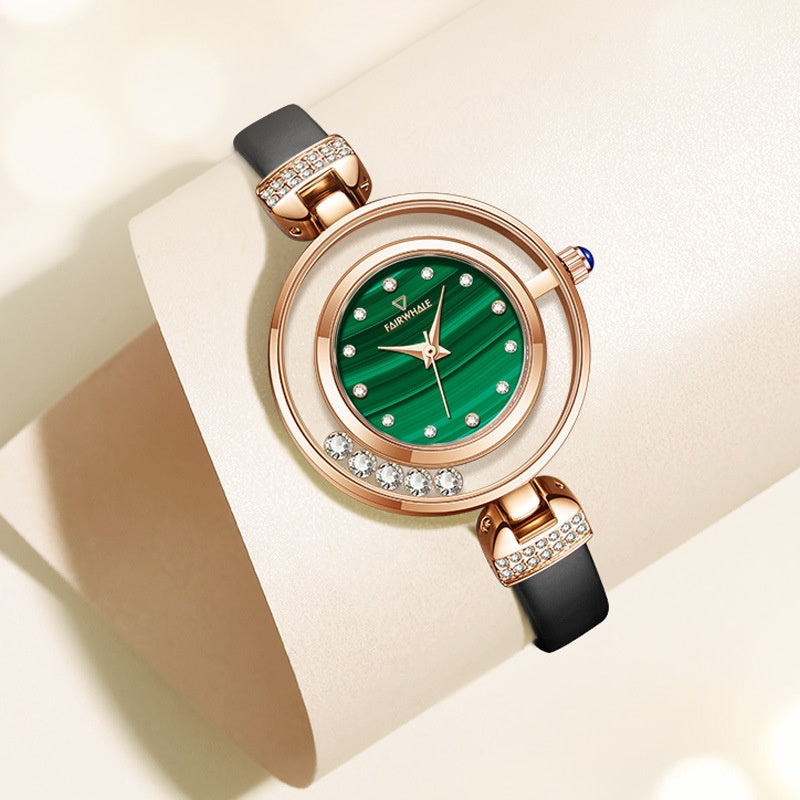 Mark Fairwhale AURELIA 3260 women’s quartz watch in rose gold with black leather strap and green malachite dial