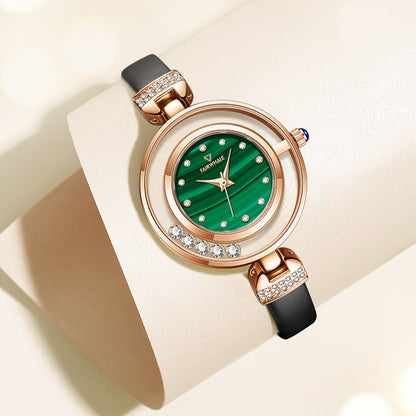 Mark Fairwhale AURELIA 3260 women’s quartz watch in rose gold with black leather strap and green malachite dial