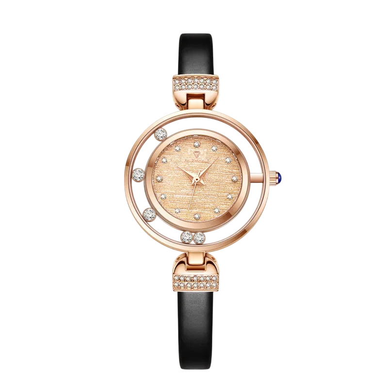 Mark Fairwhale AURELIA 3260 women’s quartz watch in rose gold with black leather strap and crystal accents