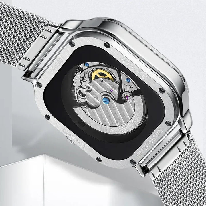 Mark Fairwhale AUREOXIS Luminar – Silver-tone automatic watch with luminous hands and open-heart movement, minimalist square design for men